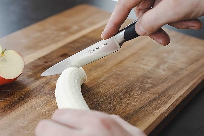 DURA LIVING 2-Piece Kitchen Knife Set – Ultra Sharp Precision German Stainless Steel Blades, 5” Utility & 3.5” Paring Knife with Ergonomic Handles, Multipurpose for Slicing & Peeling, Black Handle