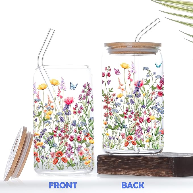 Floral Glass Cups with Lids and Straws 16 Oz Flower Iced Coffee Cup Cute Wildflower Drinking Glasses Birthday Mothers Day Valentines Christmas Flowers Gifts for Women Her Mom Friends