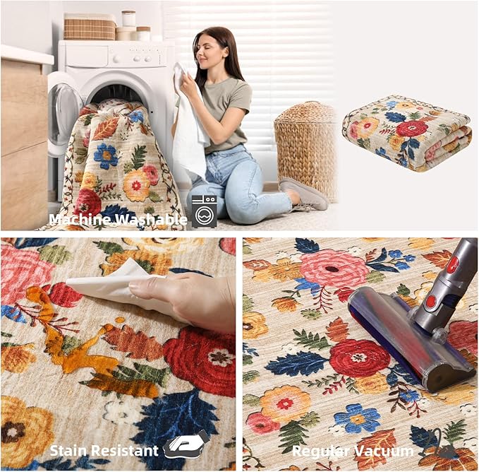 Washable Kitchen Rugs Non Slip: 2'x6' Hallway Runner Rug Stain Resistant Low Pile Floral Floor Rug with Rubber Backing Non Shedding Soft Carpet Runners for Indoor Entryway Bedside Bedroom Farmhouse