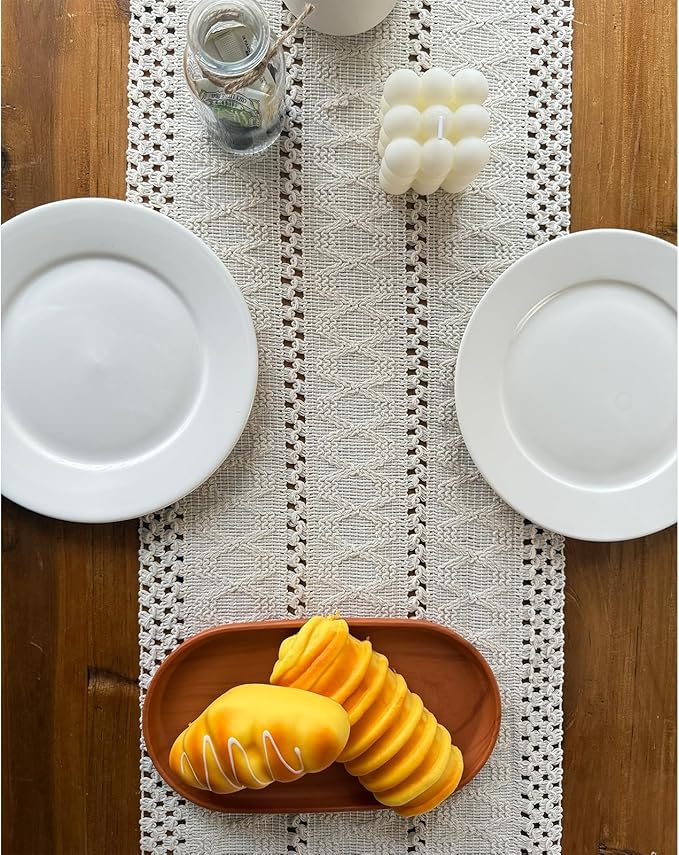 Macrame Table Runner Cream Beige Boho Table Runners with Tassels 90 Inches Long, Rustic Farmhouse Table Runners for Bohemian Kitchen Dining Table(12x90in)