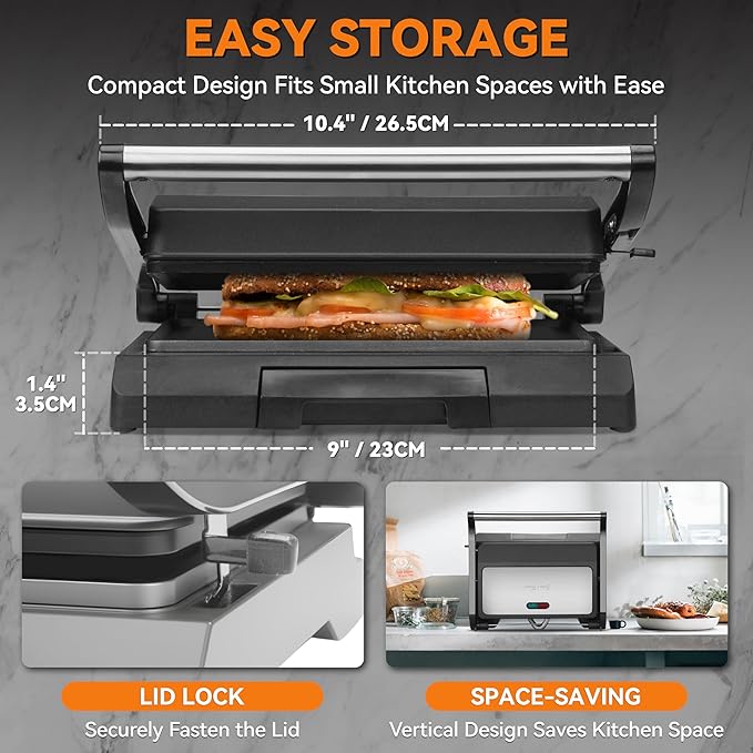 Baker's Friend 2 Slices of Mini Panini Press Electric Grill, Panini Grill Press Sandwich Maker Press, Sandwichera Electrical for Pancakes & Eggs, Oil Tray, Non Stick Surfaces, Stainless Steel