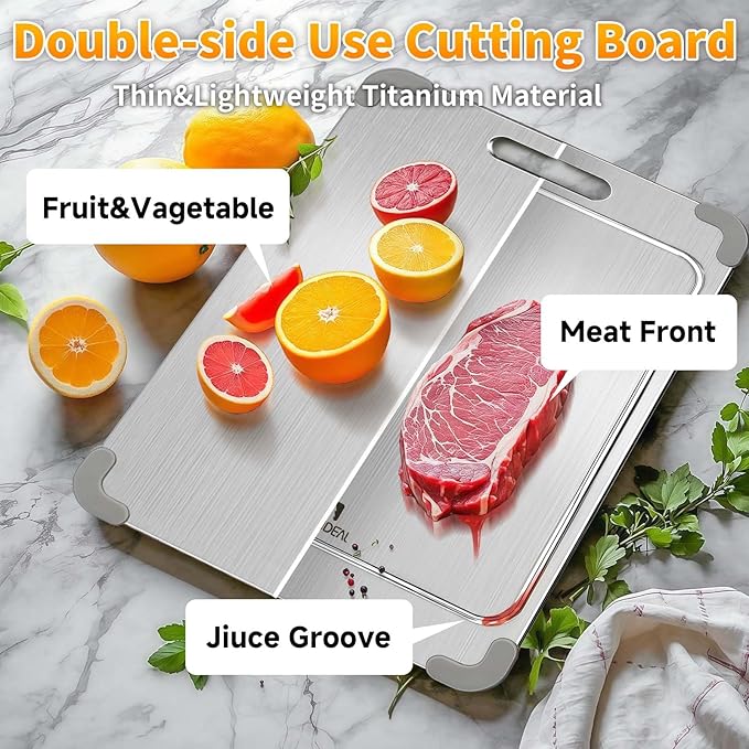 ZYBIDEAL 100% Pure Titanium Cutting Board with Grooves, Update Double Side Titanium Chopping Board, Silicone Anti-slip Stainless Cutting Boards for Kitchen 12 * 18 IN, Grey