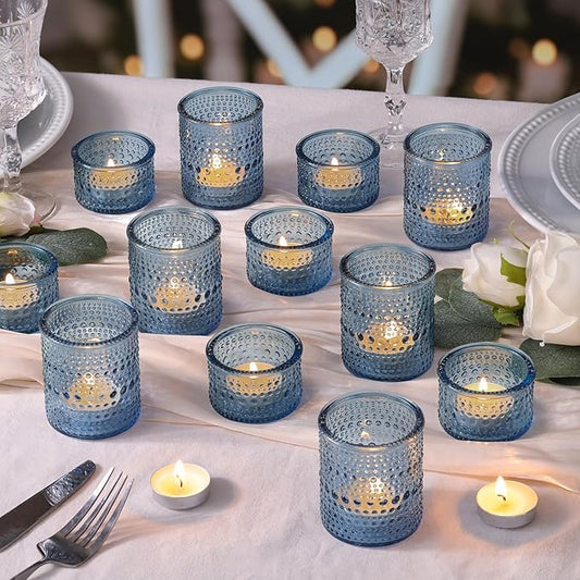 Blue Glass Votive Candle Holders Set of 24, Assorted Heights Polka Dot Tealight Candle Holders for Table Centerpiece, Blue Candle Holder Decor for Wedding, Baby Shower Party & Spa