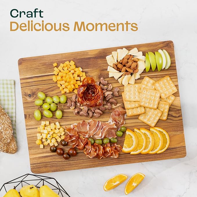 Yes4All Solid Teak Cutting Boards for Kitchen, [17''L x 13''W x 1.5” Thick] Medium Edge Grain Butcher Block Cutting Board, Food Surface Wood Cutting Boards with Juice Grooves and Easy Grip Handle