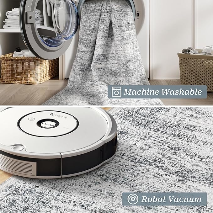 Kitchen Runner Rugs Non Skid Washable - 2.5 x 10 Runner Rug with Anti Slip Backing, Ultra-Thin Soft Rug Runner for Hallway, Bedroom, Living Room (2'x10', Grey/Ivory)