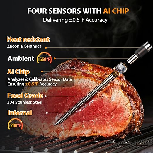 AI Smart Wireless Meat Thermometer, 10X Enhanced Signal and Stability, with 2 Probes High-Accuracy Sensors, Standalone Display Base, Instant Read LCD & App Control for Kitchen,BBQ,Oven,Grill