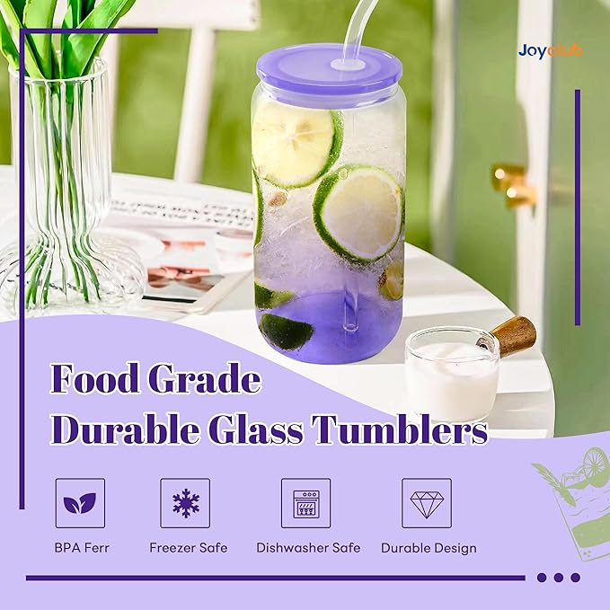 Joyclub 16oz Glass Cups with Acrylic Lids and Straws 12 Set Can Shaped Glass Iced Coffee Cups with Lids, Gradient Drinking Glasses Cute Tumbler Cup Great for Smoothie Soda Boba Tea Cocktail Beer Gift