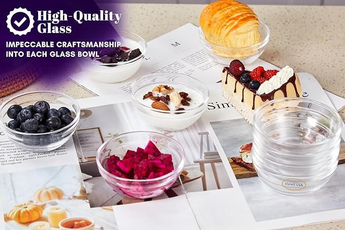 14pc Set of Small Glass Bowls, Microwave Safe, 4-ounce, Durable Prep Bowls Stackable - Glass Ramekins (Set Includes: 4 Measurement Spoons)