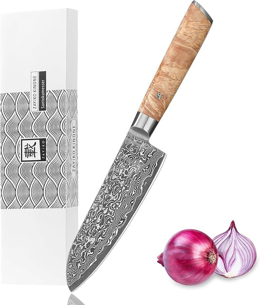 zayiko Kinone Santoku Knife – 6.7-Inch Damascus Kitchen Knife | 67 Layers Damascus Steel with VG10 Core | Ergonomic Birch Root Wood Handle | Professional Chef Knife in Gift Box