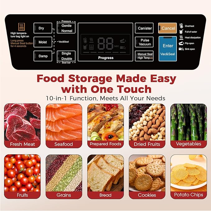 Vacuum Sealer Machine, 95Kpa Powerful Suction System Commercial Full Automatic Vaccum Sealer with Built-in Cutter & Bag Storage, Includes 1 Bag Roll + 10 Pre-cut Bags