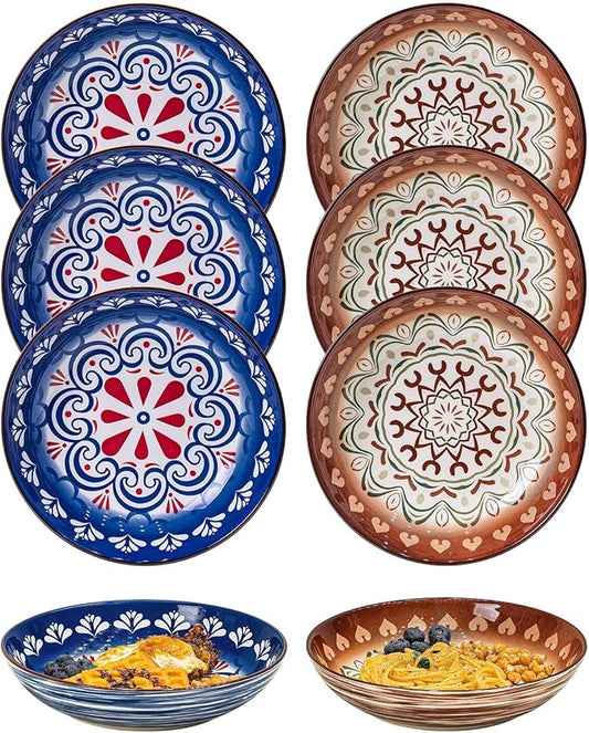 Yeacccng Pasta Bowls Set of 6, 35 Oz Ceramic Large Salad Bowl, 8.5 Inch Colorful Serving Bowls for Kitchen, Dishwasher & Microwave Safe, Scratch-Resistant, Lead-Free (Brown*3 + Blue*3)