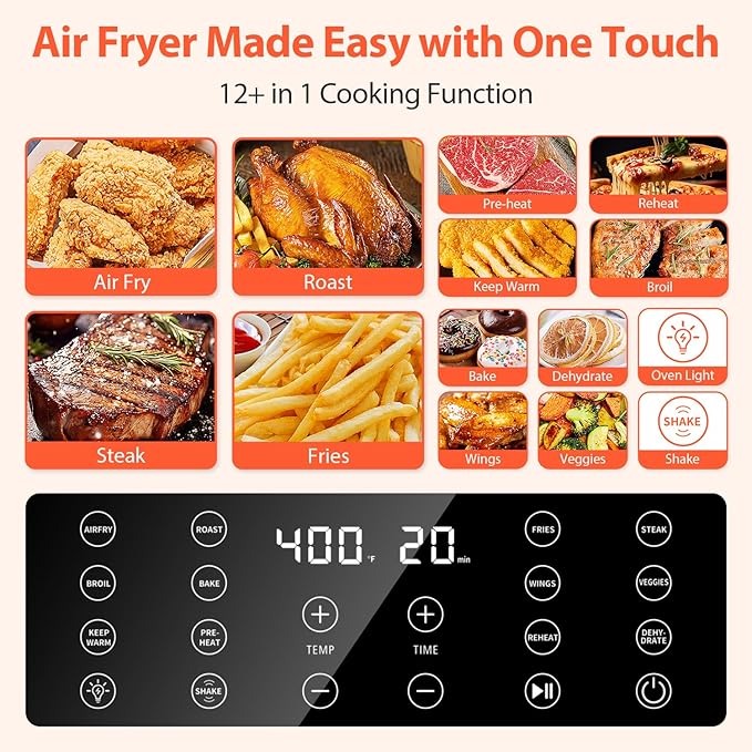 Beelicious 5.8QT Large Air Fryer, 12-in-1 Digital Airfryer with View Window, 40+ Recipes, Flavor-Lock Tech, Dishwasher Safe,Shake Reminder, Compact, Quiet, Nonstick. Black
