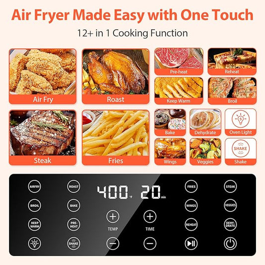 Beelicious 5.8QT Large Air Fryer, 12-in-1 Digital Airfryer with View Window, 40+ Recipes, Flavor-Lock Tech, Dishwasher Safe,Shake Reminder, Compact, Quiet, Nonstick. Black