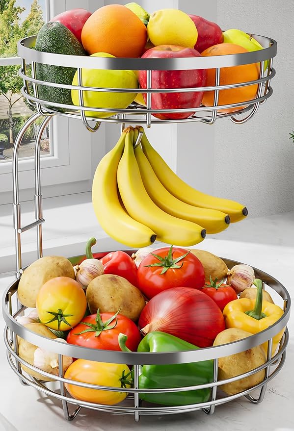 Fruit Basket for Kitchen Counter - 2-Tier Large Capacity Fruit Bowl with Detachable Banana Hanger, Rust-Proof Metal Fruit Holder for Vegetables, Bread, Toiletry,10" D x 10" W x 14" H, Silver.