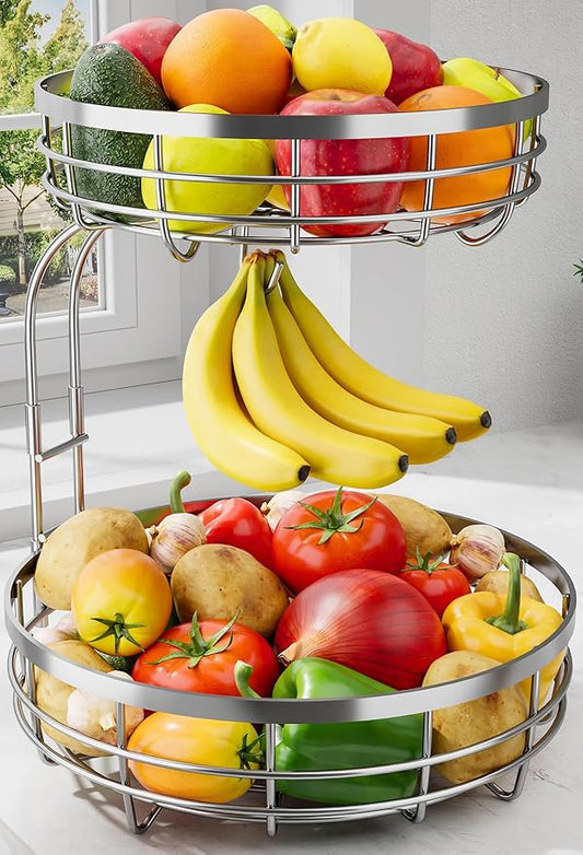 Fruit Basket for Kitchen Counter - 2-Tier Large Capacity Fruit Bowl with Detachable Banana Hanger, Rust-Proof Metal Fruit Holder for Vegetables, Bread, Toiletry,10" D x 10" W x 14" H, Silver.