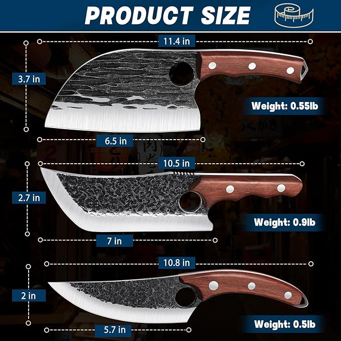 TAN REN 3PCS Butcher Knife Set for Meat Cutting, Hand Forged Meat Cleaver Knives with Wood Handle, Grilling Knife Set for Men, Christmas Gifts for Men