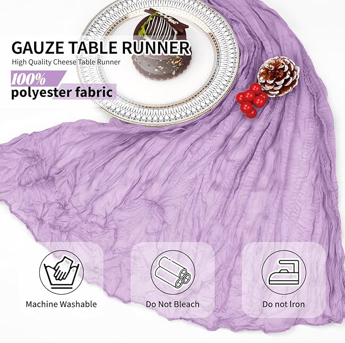 12 Pack Lavender Cheesecloth Table Runner 10Ft, Lilac Purple Table Runners 21.5 x 120 inch,Semi Sheer Cheese Cloth Fabric Runner Bulk for Wedding,Party,Baby Shower,Bridal Shower