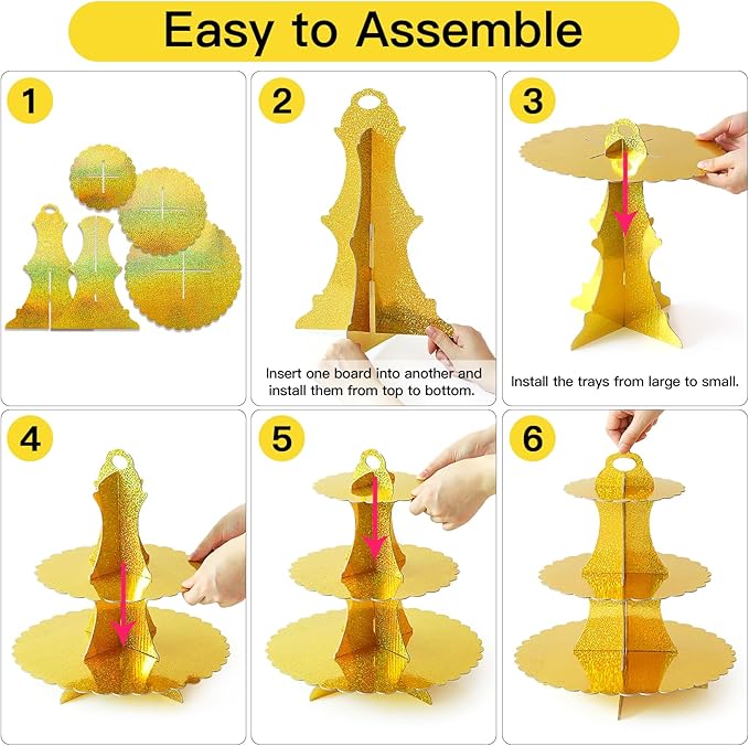 Soleebee 3-Tier Cupcake Stand, Cardboard Cupcake Tower, Dessert Cup Cake Stand Tower for Birthday Wedding Party Decoration, Cupcake Tier Stand 1 Set (Glitter Gold)