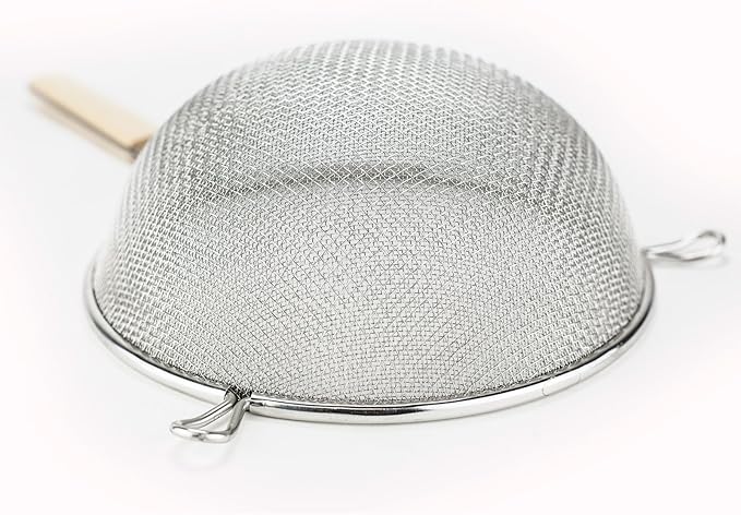 Huji Stainless Steel Fine 8" Double Mesh Food Strainer Colander Sieve Sifter with Wooden Handle for Kitchen Rice Pasta Noodles (3 Pack)
