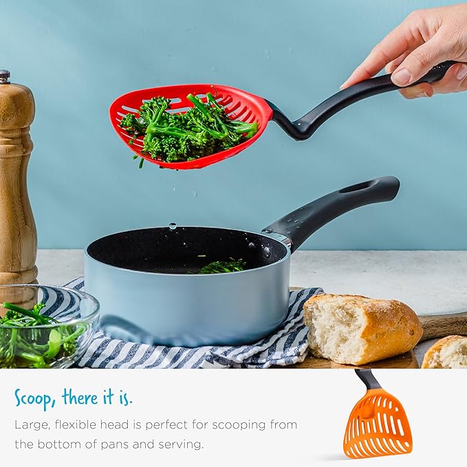 Dreamfarm Big Lestrain 2-in-1 Drip-Catching Sit-Up Slotted Cooking Spoon Scoop & Strainer - 13" Red