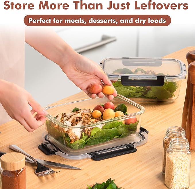Razab 4 Pcs 1860ml / 63 Oz Large Glass Food Storage Containers with Lids - Glass Meal Prep Containers with Locking Lids for Roasting, Storing Leftover, Lunch Container, BPA Free, Microwave & Oven Safe