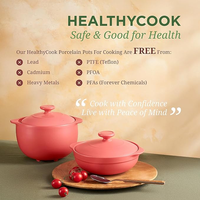 MINH LONG 3-Qt Porcelain Dutch Oven with Lid – Lead & Cadmium Free, Oven Safe to 482°F, Heat Retention, Clay Pot for Cooking on Gas & Infrared Cooktop, Use to Marinate, Cook, Bake, Refrigerate & Serve