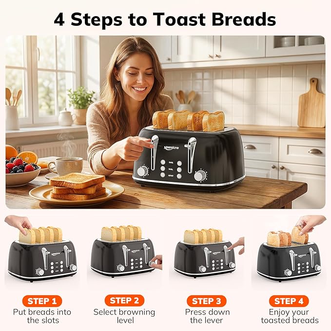 Keenstone Toaster 4 Slice, Retro Stainless Steel Wide Slot Toaster with Dual Independent Controls, 6 Browning Levels, Bagel, Defrost, Reheat & Cancel, Removable Crumb Tray, Black