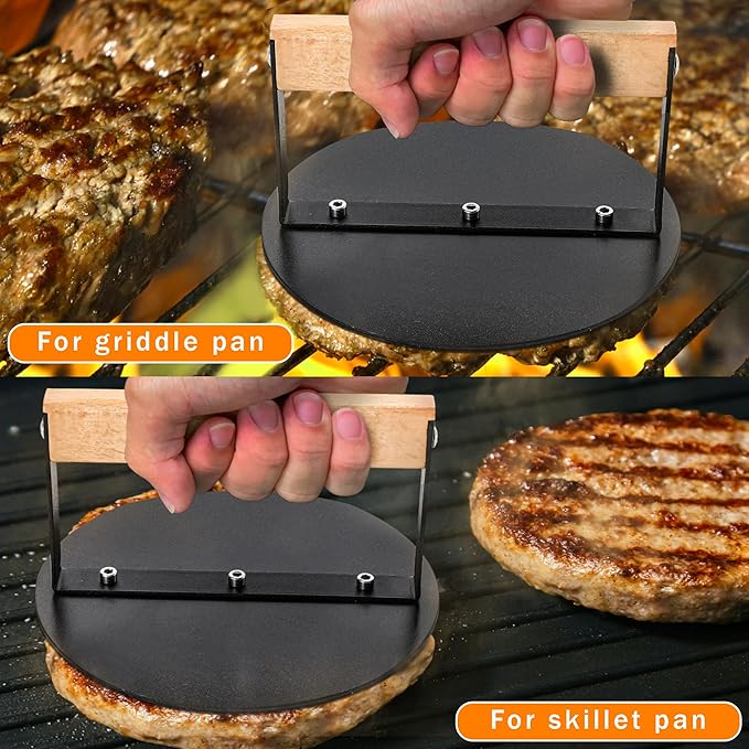 Smash Burger Press 6 inch, Round Burger Smasher Grill Press for Griddle Bacon Press Meat Steak Press with Wood Handle