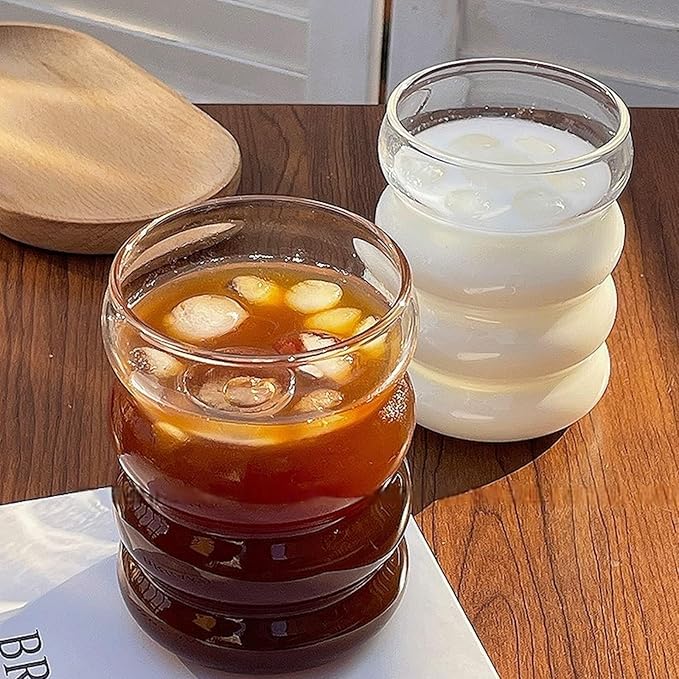 Ribbed Glass Cup 10 Oz Vintage Drinking Glassware Creative Small Ripple Glasses for Iced Coffee Juice Beverage Milk Cocktail Cute Wavy Glass Cups