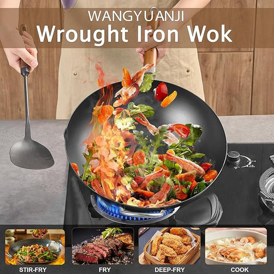 WANGYUANJI Carbon Steel Wok 14.2", Large Nitriding Flat Bottom Stir Fry Pan with Lid, No Chemical Coating Rust Resistant Iron Skillet for Induction Electric Gas Stoves, Big Capacity Serves 6+