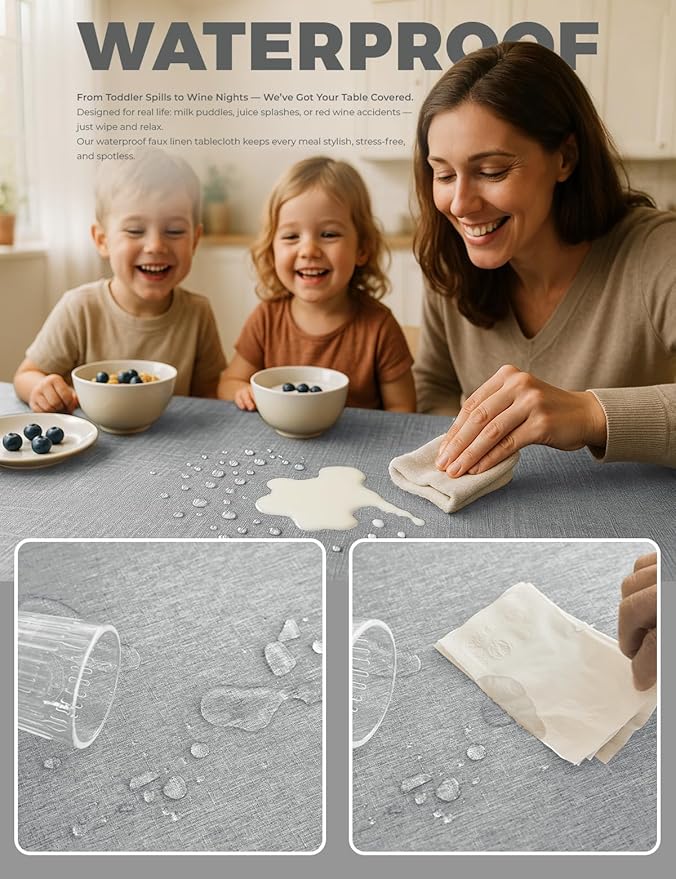 Faux Linen Farmhouse Table Cloth 60"x84" for 4-6 ft Rectangle Table, Cool Grey Waterproof Outdoor Washable Cloth Tablecloth for Rectangular Dining Room Kitchen Outdoor Party Restaurant Table