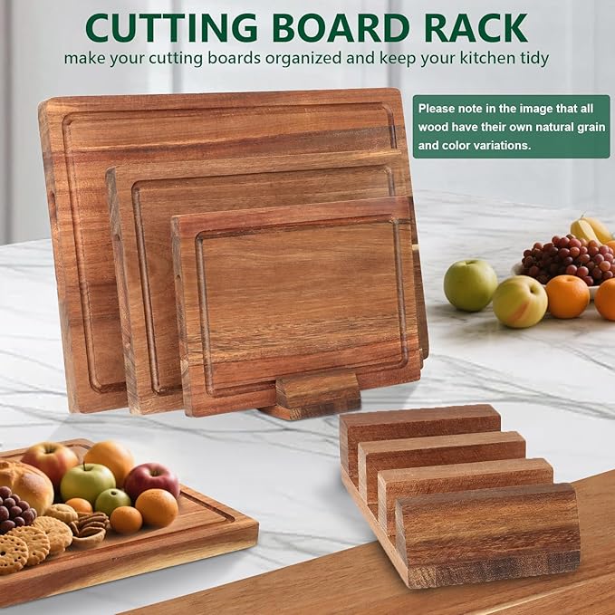 Acacia Wood Cutting Boards for Kitchen Set of 3, Chopping Board with Holder, with Deep Juice Groove Grip Handles, Charcuterie Boards, for Meat, Vegetables and Fruits and Cheese (Set A of 3)