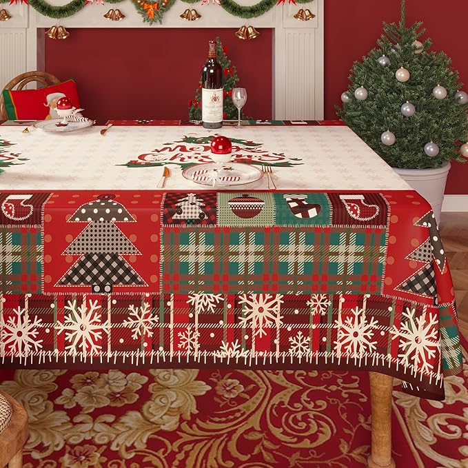Christmas Rectangle Table Cloth,100% Waterproof Tablecloth,Christmas Decorations for Home, Vinyl Tablecloth Plastic Table Cover for Party，Picnic,Dining,Outdoor 54" x 54",Christmas Trees