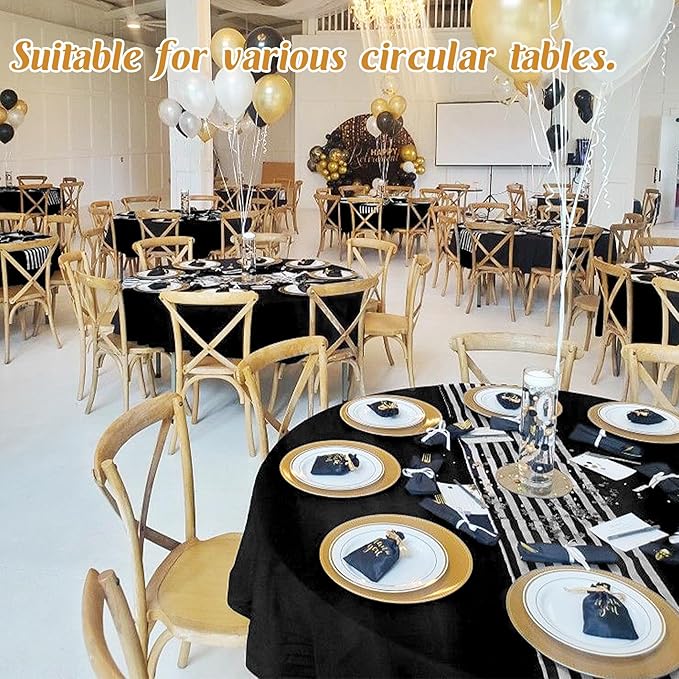 HAISIWLKJ 2 Pack 60 Inch Black Round Tablecloth for Round Table Washable Reusable Outdoor Polyester Fabric Decorative Table Cover for Dining, Buffet, Camping, Baby Shower, Party