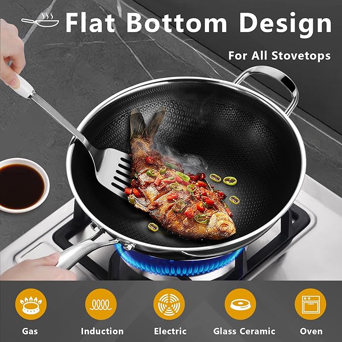SAKAMOSH Hybrid 12 Inch Wok Pan with Lid, 5QT Stainless Steel Deep Woks & Stir-fry Pans with Flat Bottom, Stay-Cool Handle, Induction & Dishwasher & Oven Safe, Non Toxic, PFOA Free Skillet Cookware