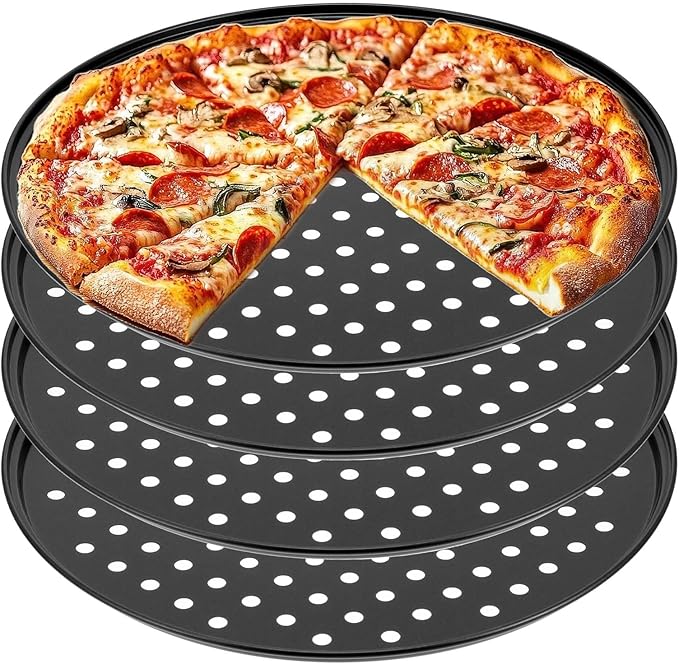 Tolare 4 Pack 12 Inch Round Pizza Pan with Holes, Pizza Tray for Oven Carbon Steel Non-Stick Platter Bakeware, Baking Pans, for Home Restaurant Kitchen Baking(Black)