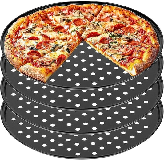 Tolare 4 Pack 12 Inch Round Pizza Pan with Holes, Pizza Tray for Oven Carbon Steel Non-Stick Platter Bakeware, Baking Pans, for Home Restaurant Kitchen Baking(Black)
