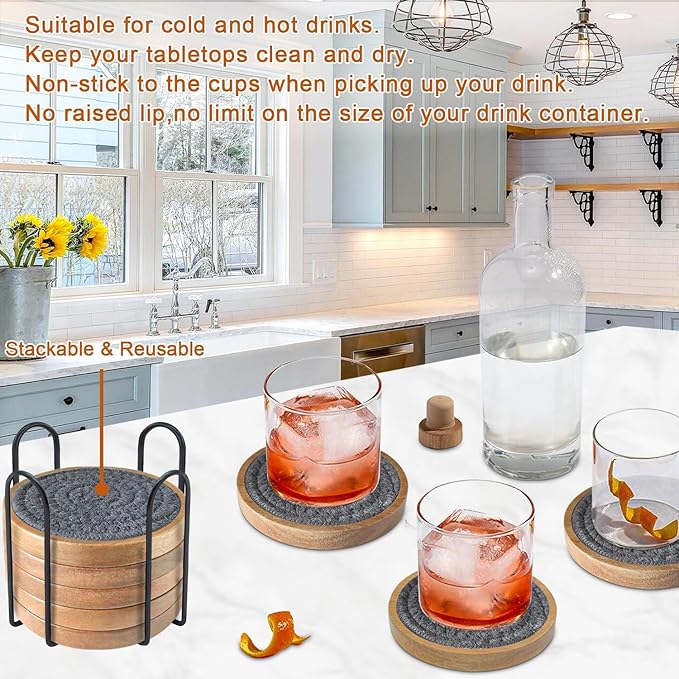 Coasters for Drinks Absorbent Sets of 8, Woven Coasters with Holder, Wood Coasters for Coffee Table, Housewarming Gift for Farmhouse Home Decor, 4 inches Gray