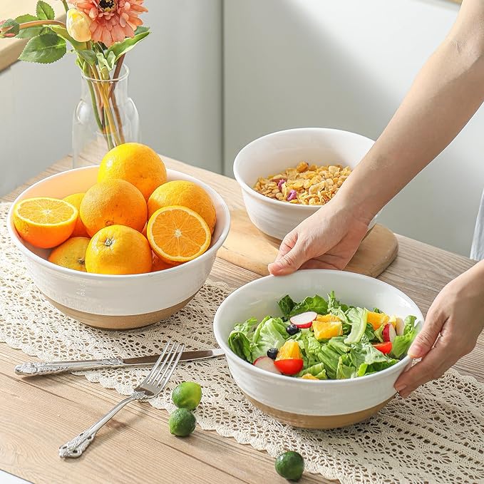 Tikooere Ceramic Mixing Bowls,Large Serving Bowls 2.1/1.5/1.0 Qt,Salad Bowls Set of 3 for Kitchen Space Saving Storage,Nesting Bowls for Cooking,Popcorn,Soup,Fruit, Microwave & Dishwasher Safe,White
