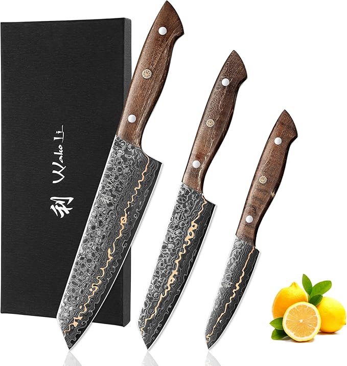 Wakoli Kawa Damascus Kitchen Knife Set, 3-Piece Professional Chef Knife Set with Copper Inlay | 67-Layer Damascus Steel with VG10 Core | Maple Stabilized Wood Handles | Gift Box
