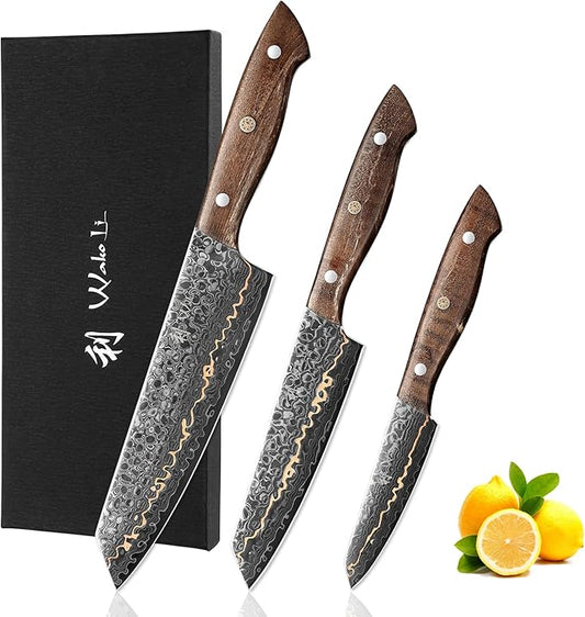Wakoli Kawa Damascus Kitchen Knife Set, 3-Piece Professional Chef Knife Set with Copper Inlay | 67-Layer Damascus Steel with VG10 Core | Maple Stabilized Wood Handles | Gift Box