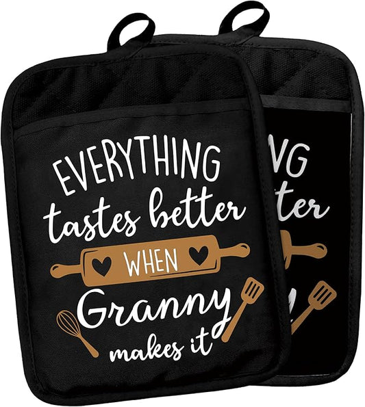 Granny Gifts Pot Holders with Pockets, Grandma Kitchen Gifts, Everything Tastes Better When Granny Makes It Pot Holders Heat Resistant Oven Mitts Hot Pads for Kitchen Baking Cooking