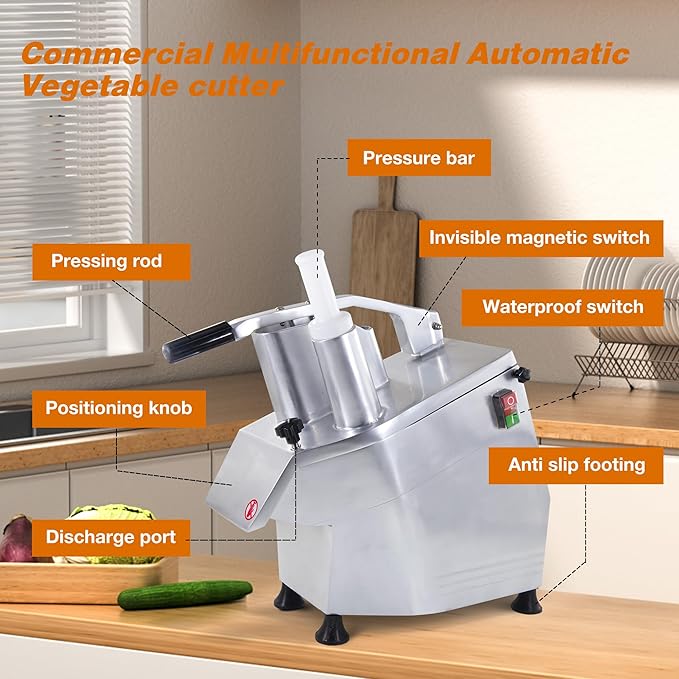 CMI Commercial Multifunctional Automatic Vegetable Cutter and Food Processor,Potato Onion Slicer,Electric Fruit and Cheese Grating Machine,Slicer Vegetable Cutter with 5-Blades 550W/110V