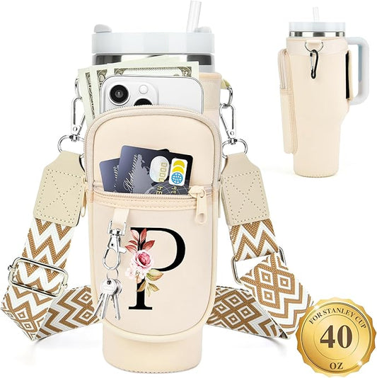 LOKASS Personalized Water Bottle Holder with Strap for Stanley Cup Accessories 40 oz Tumbler, Initial Water Bottle Carrier Bag/Phone Pocket, Mother's Day/Birthday Gifts for Women/Girls