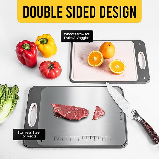 Nexolus 2 Pack Titanium Cutting Board Set, Large Double Sided - 16x11" + 14x9" - Stainless Steel Cutting Board for kitchen with Deep Juice Groove, Built-In Measurement Scale & Easy to Clean
