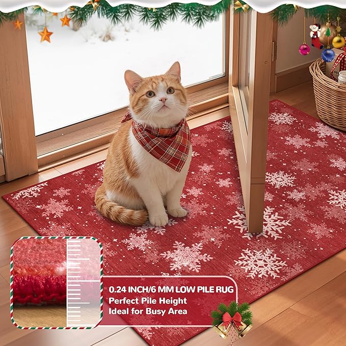 2x5 Christmas Runner Rug for Kitchen, Snowflake Rugs for Bathroom, Washable Hallway Runner with Non-Slip Backing, Soft Red and White Christmas Decor Indoor(2'x5', Red/White)