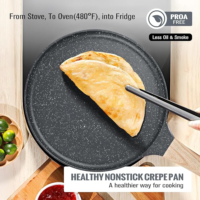 SouxMux Nonstick 11-Inch Crepe Pan with Spreader, Ceramic Coated Dosa Tawa Pan, Induction Compatible Flat Skillet for Pancakes, Omelettes, and More with Cool Handle, PFOA Free