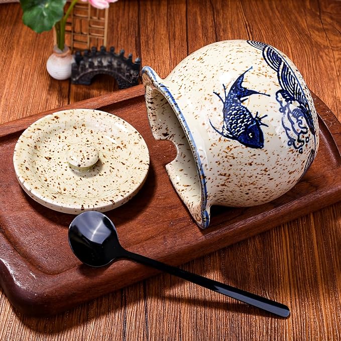 Japanese-Style Fish-Shaped Ceramic Sugar Jar & Spice Container with Lid & Stainless Steel Spoon Set – Decorative Koi Design, Kitchen Storage for Salt, Sugar (yl)