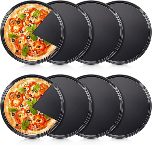 Meanplan 8 Pcs Non Stick Bakeware Pizza Pan Round Pan for Oven Carbon Steel Oven Tray Pie Baking for Home Restaurant Kitchen Baking Supplies, Black(10 Inch)