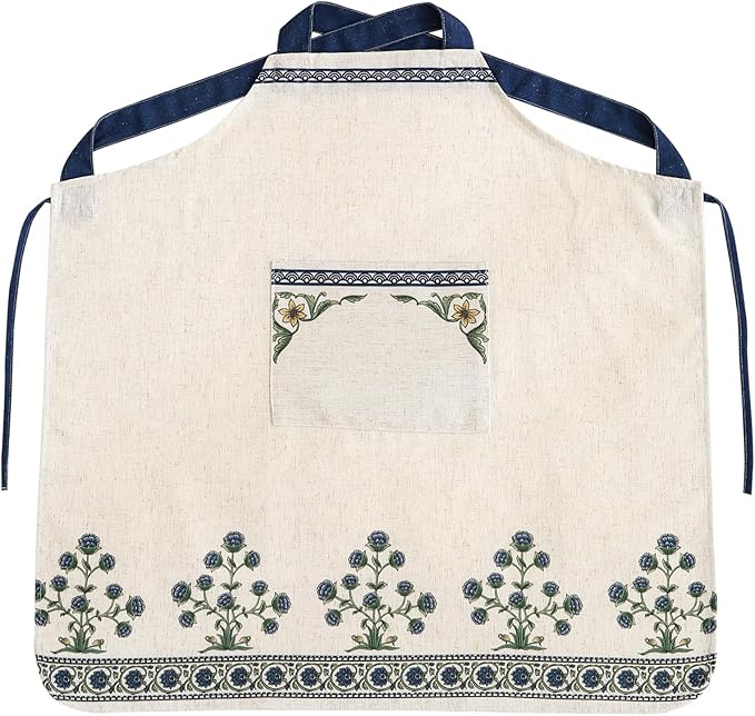 patdrea Blue Floral Linen Apron with Pocket,French Kitchen Garden Chef BBQ Aprons for Women and Men,Crisscross Back Straps